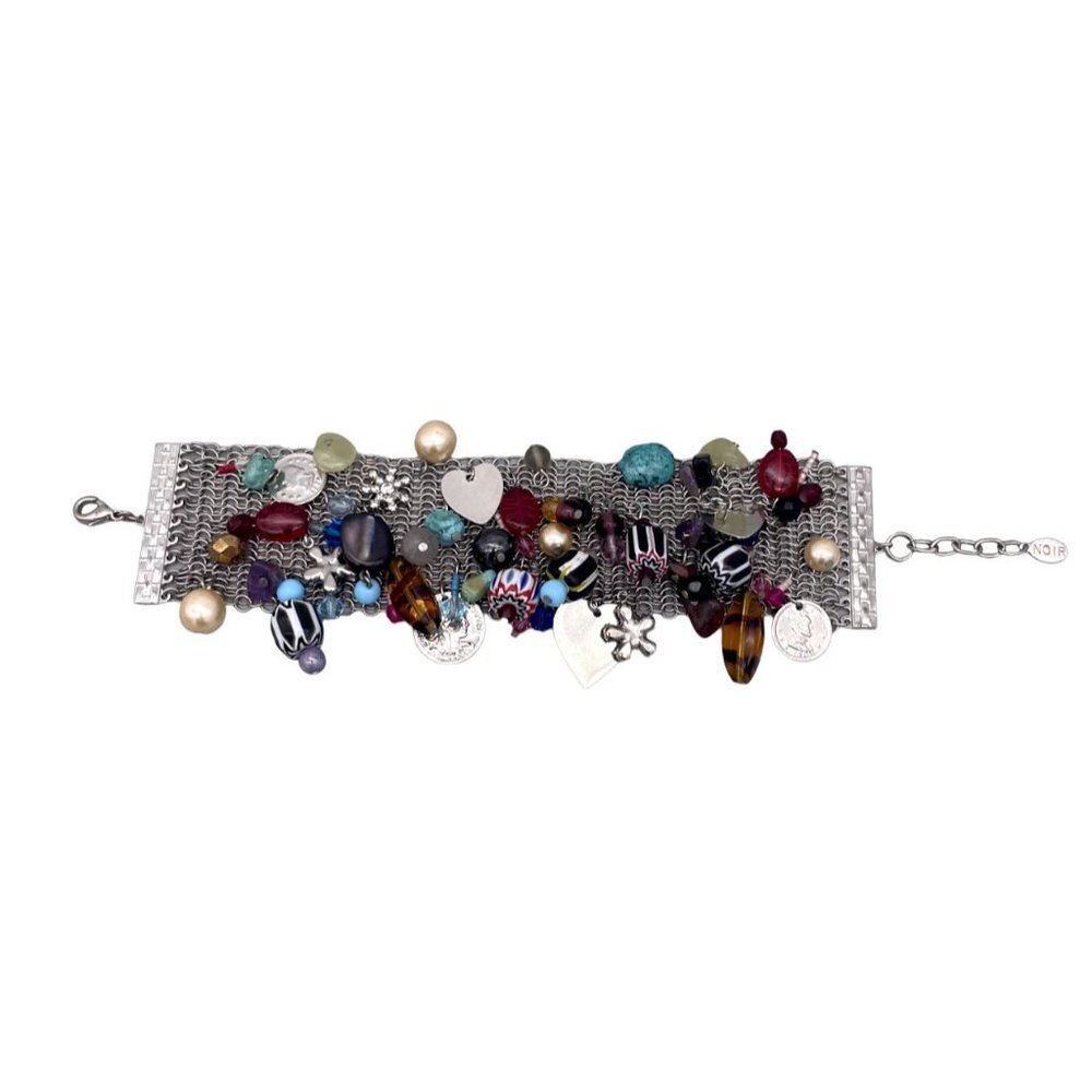 Noir Multi Charm Mesh Heart Coin Pearl Rhinestone Bracelet Silver Tone